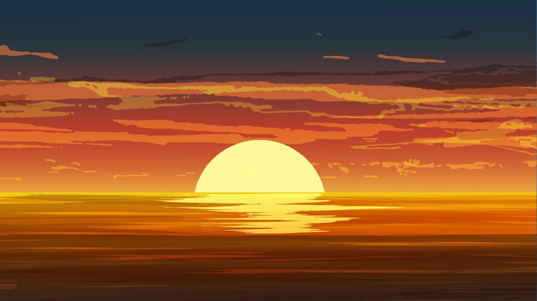 coucher de soleil sur l'océan avec un ciel orange vecteur