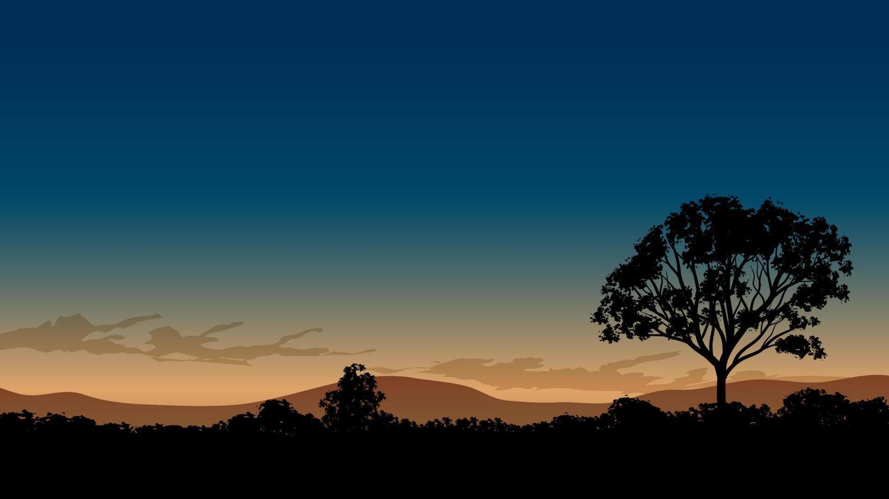 silhouette de grand arbre solitaire au coucher du soleil. fond de ciel coucher de soleil vecteur