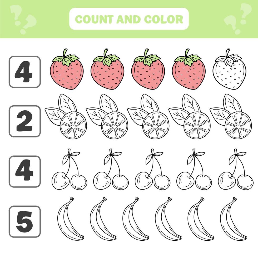 compte et jeu de couleurs pour les enfants d'âge préscolaire - baies et fruits. feuille de travail vecteur