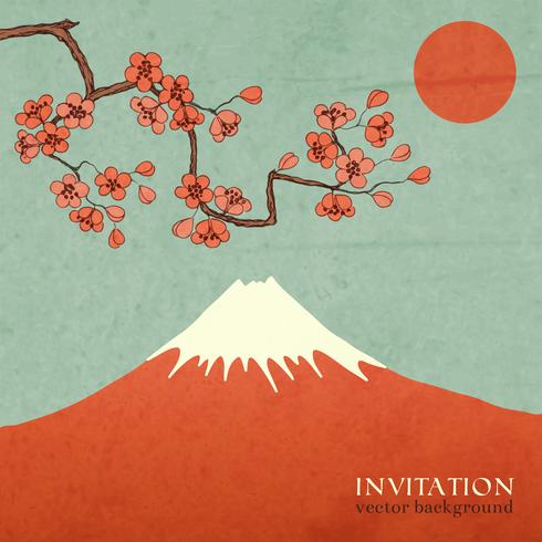 Carte postale d&#39;invitation de montagne cerisier ou sakura vecteur