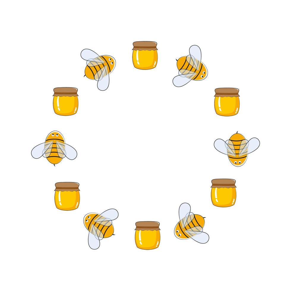 cadre vectoriel rond d'abeilles et de miel. création de logo pour les fermes, les ruchers et l'apiculture. fête du miel et des produits de la ruche. illustration de dessin animé de vecteur.