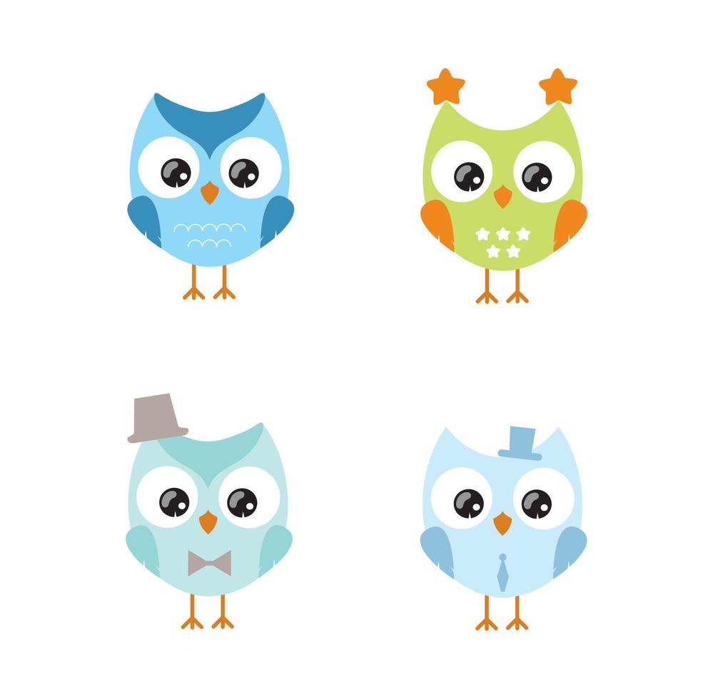 un ensemble de chouettes mignonnes pour les enfants. illustration pour enfants d'un hibou pour un garçon sur un fond blanc isolé. illustrations vectorielles à plat. création de logo, textiles, cartes postales, vêtements, papier d'emballage. vecteur