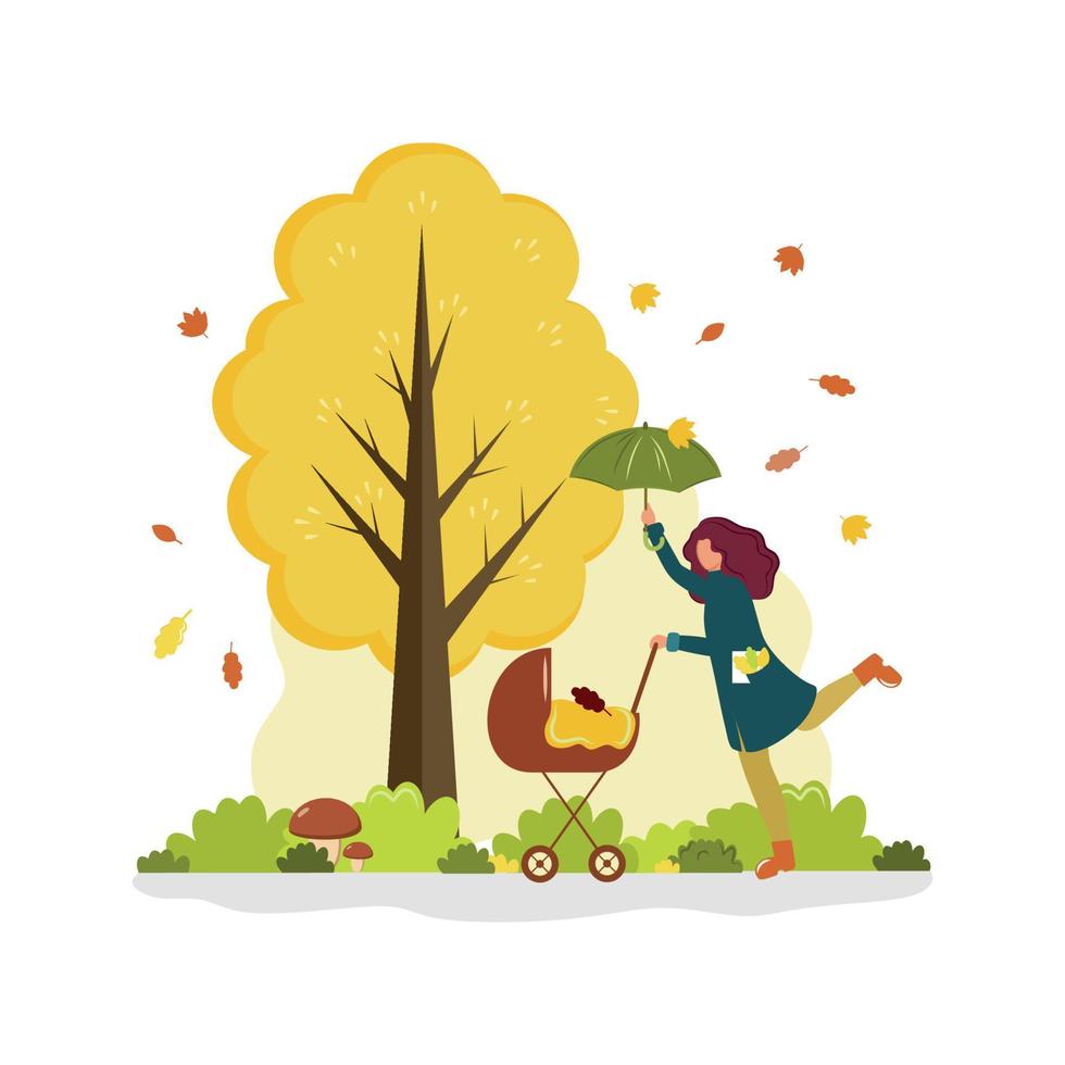 une femme marche avec une poussette et un parapluie près d'un arbre en automne. illustration de plat de dessin animé de vecteur. vecteur