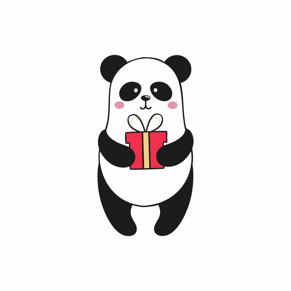 panda détient un cadeau pour anniversaire, nouvel an ou noël. illustration de dessin animé pour enfants festifs. autocollant amusant pour les publications sur les réseaux sociaux et Internet. dessin d'un panda sur fond blanc vecteur