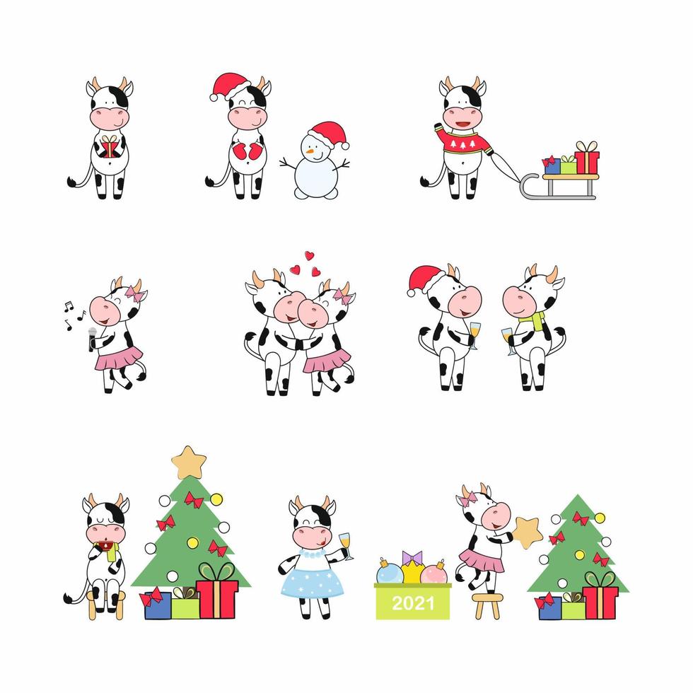 ensemble de noël avec le symbole de la nouvelle année 2021. joyeux taureaux et vaches habiller l'arbre de noël, boire du champagne, offrir des cadeaux. Bonne année et joyeux Noël. icônes avec différents taureaux. vecteur