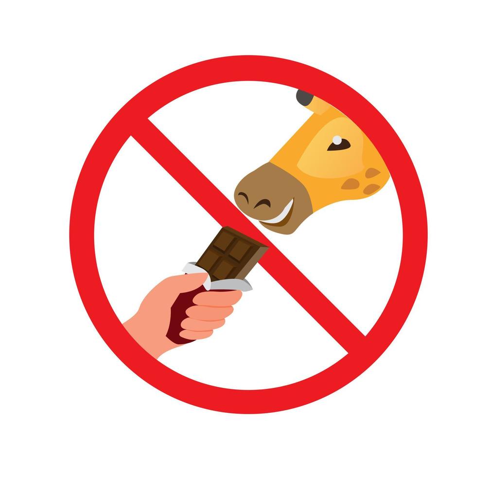 pas d'alimentation sur le signe des animaux, main tenant une barre de chocolat donnant à l'interdiction de la girafe dans un zoo ou un parc dans un vecteur d'illustration plat de dessin animé