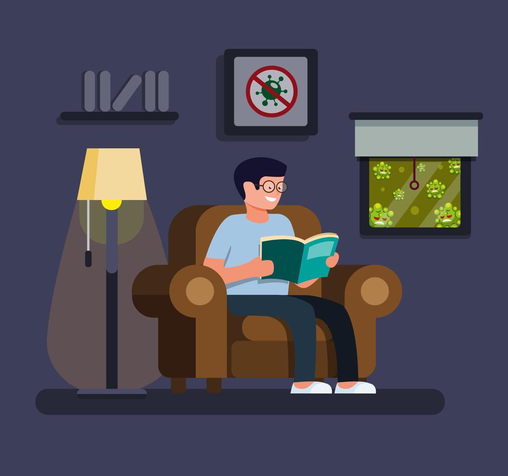 homme relaxant lisant un livre à la maison, restez à la maison et activités d'auto-quarantaine pour vous protéger contre l'infection par le virus pandémique dans le vecteur d'illustration plat de dessin animé