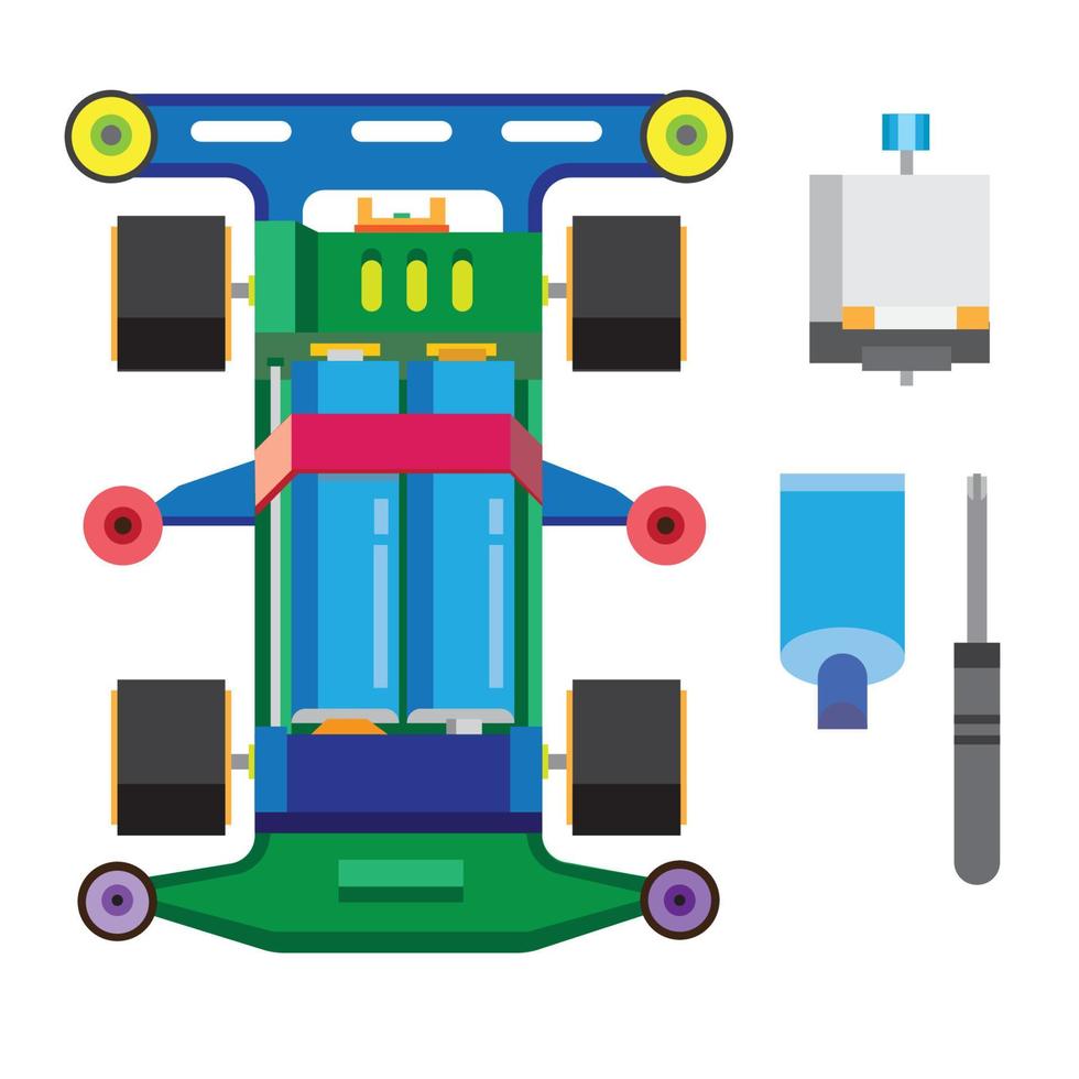Concept de voiture de jouets mini 4 roues motrices classique dans un jeu d'icônes vectorielles illustration plat vecteur