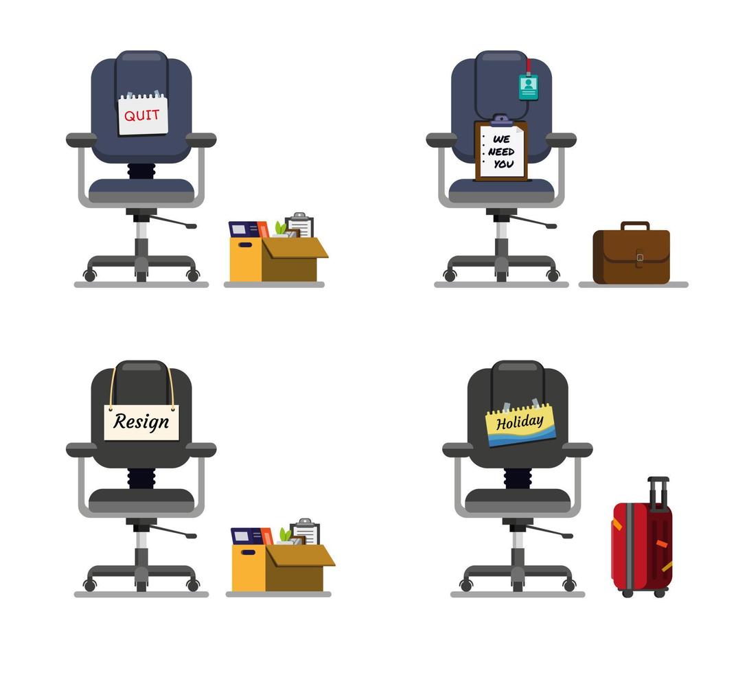 chaise de bureau avec jeu d'icônes de message, symbole de travail d'entreprise en vecteur modifiable d'illustration plate de dessin animé sur fond blanc