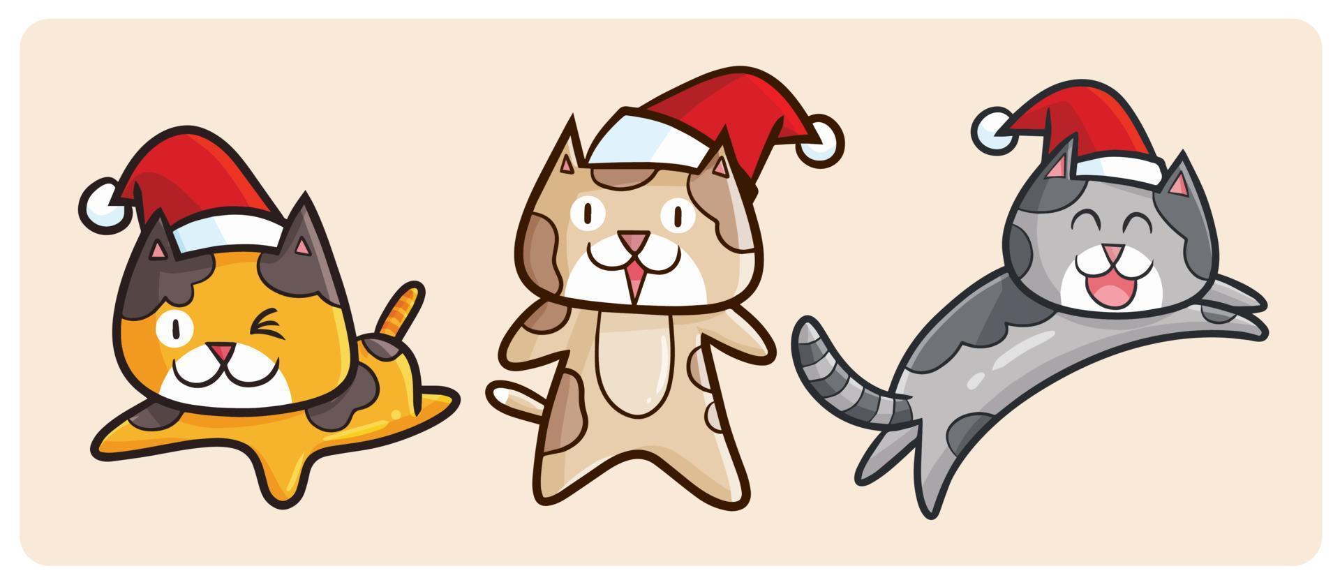 jeu de caractères drôle de chat de noël dans le style de dessin animé vecteur