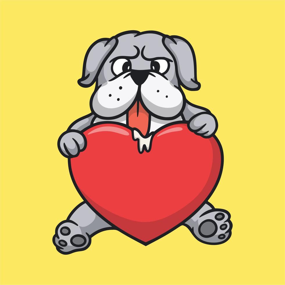 dessin animé animal design bulldog embrasse un symbole de coeur logo mascotte mignon vecteur