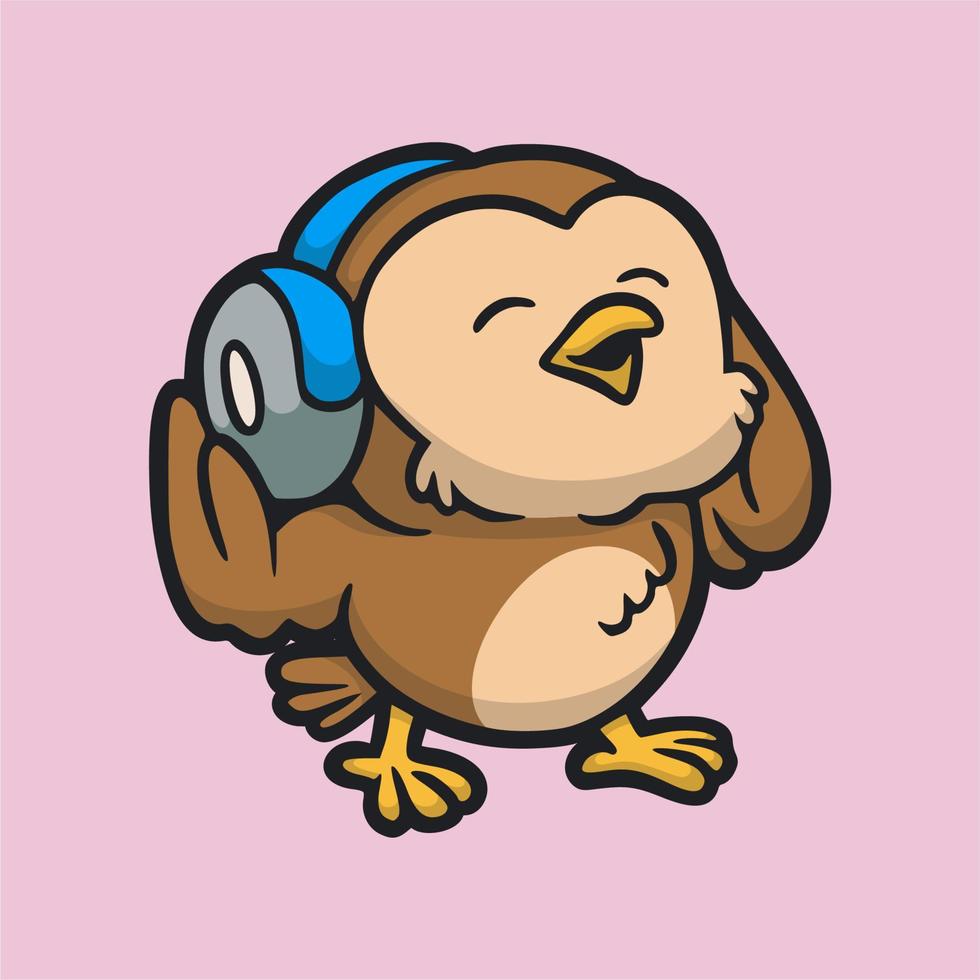 dessin animé animal design hibou écoutant de la musique logo mascotte mignon vecteur