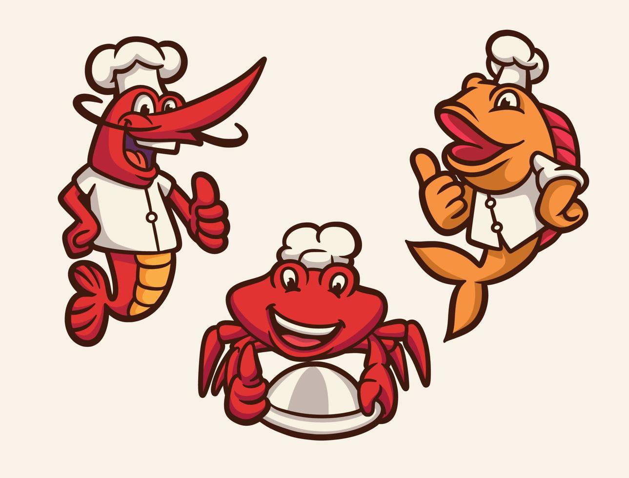 les crevettes, le poisson et le crabe deviennent un pack d'illustrations de mascotte de logo d'animal de chef vecteur