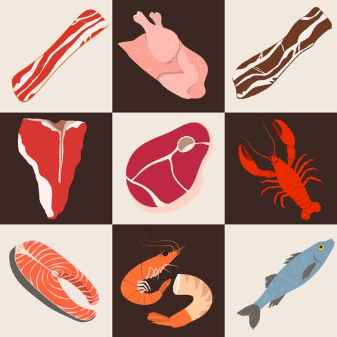Icônes plats de poisson et de viande vecteur