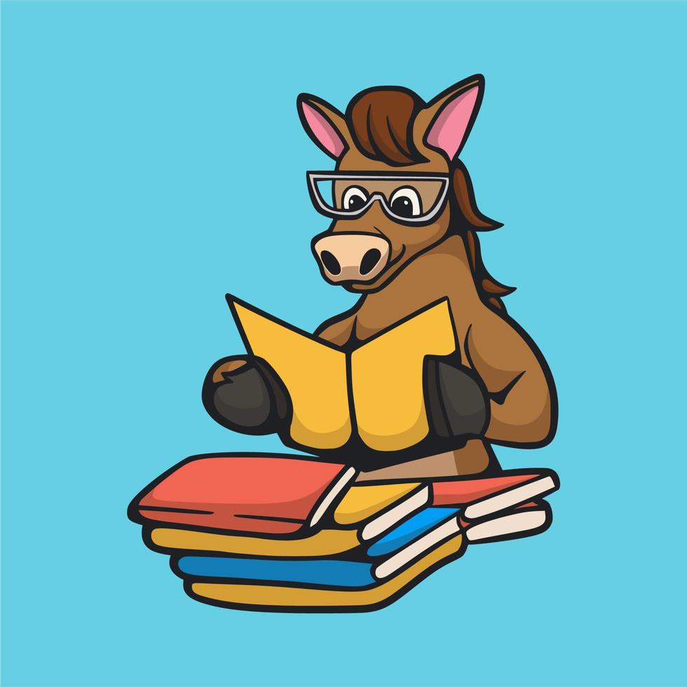 dessin animé animal design cheval lecture livre mignon mascotte logo vecteur
