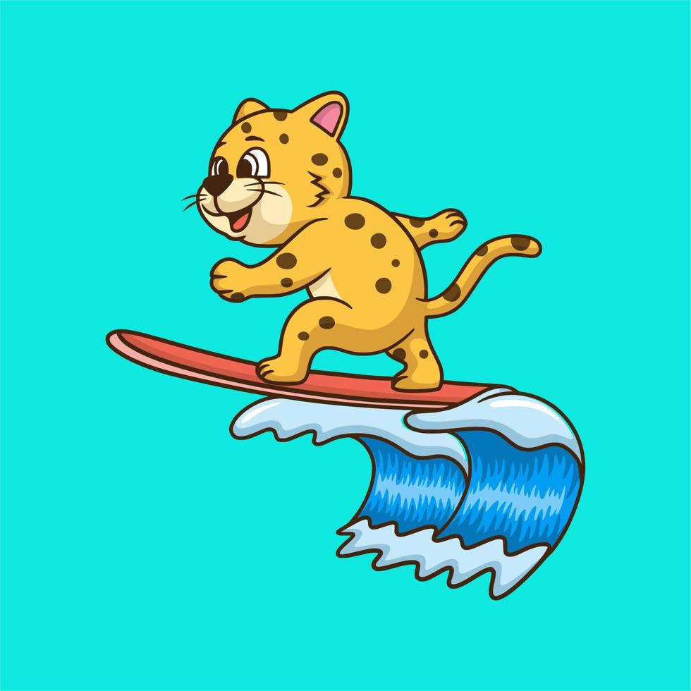 dessin animé animal design léopard surfant mignon mascotte logo vecteur