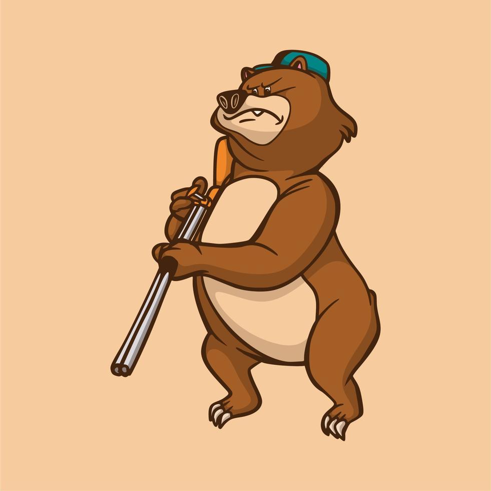 ours de dessin animé portant un logo de mascotte mignon de fusil vecteur