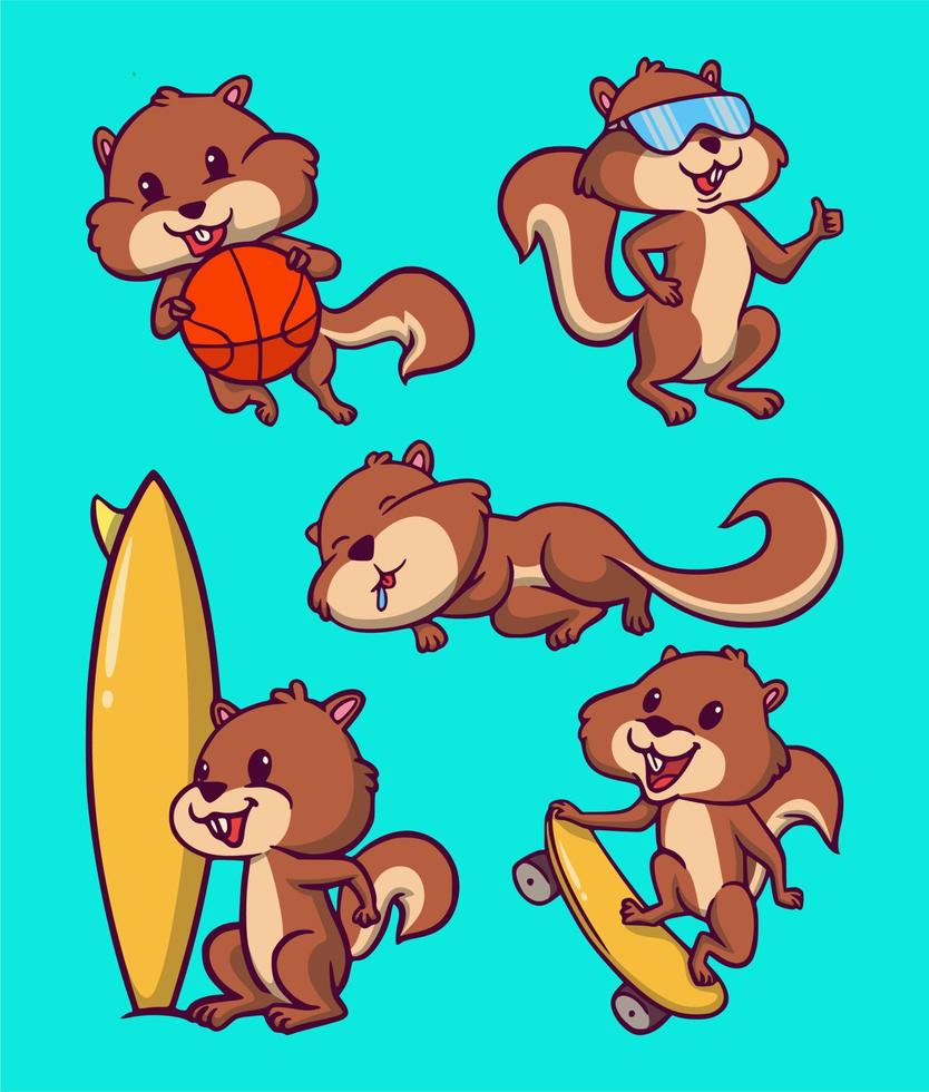 les écureuils de dessin animé jouent au basket-ball, portent des lunettes, dorment, surfent et font de la planche à roulettes illustration de mascotte mignonne vecteur