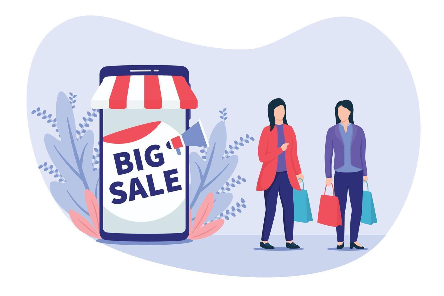 concept de grande vente avec des applications pour smartphone et une affiche avec une femme faisant du shopping avec des sacs de magasin vecteur