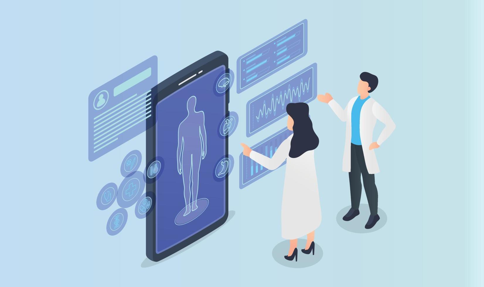 l'équipe de médecins analyse le dossier médical du patient sur les applications pour smartphone avec un style isométrique vecteur