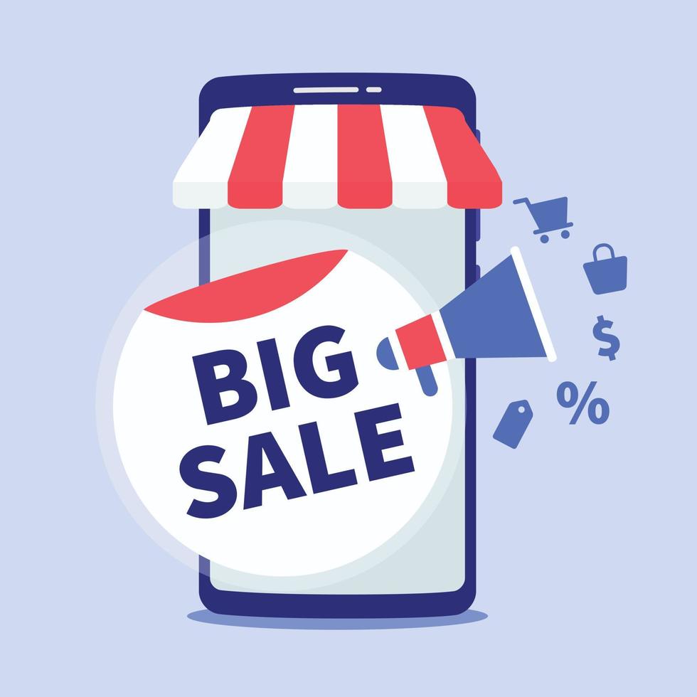 bannière de grande vente avec smartphone et promotion des ventes avec un ton de couleur de style plat vecteur