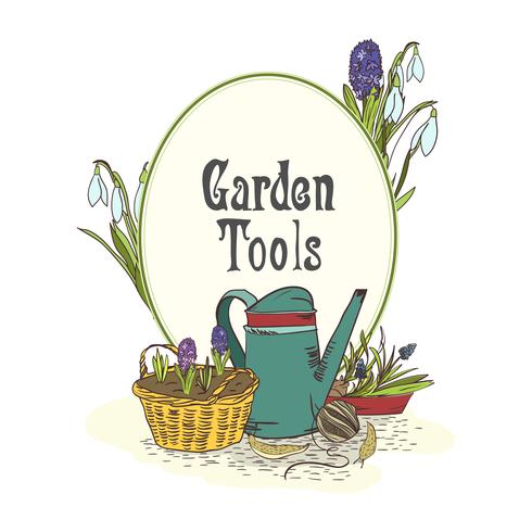 Emblème d&#39;outils de jardinage dessinés à la main vecteur