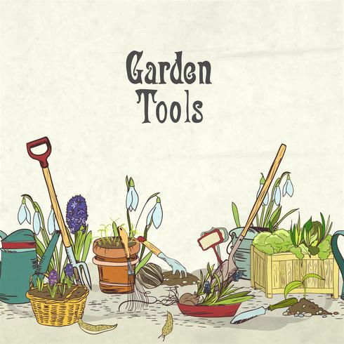 Couverture d&#39;album d&#39;outils de jardinage dessinés à la main vecteur