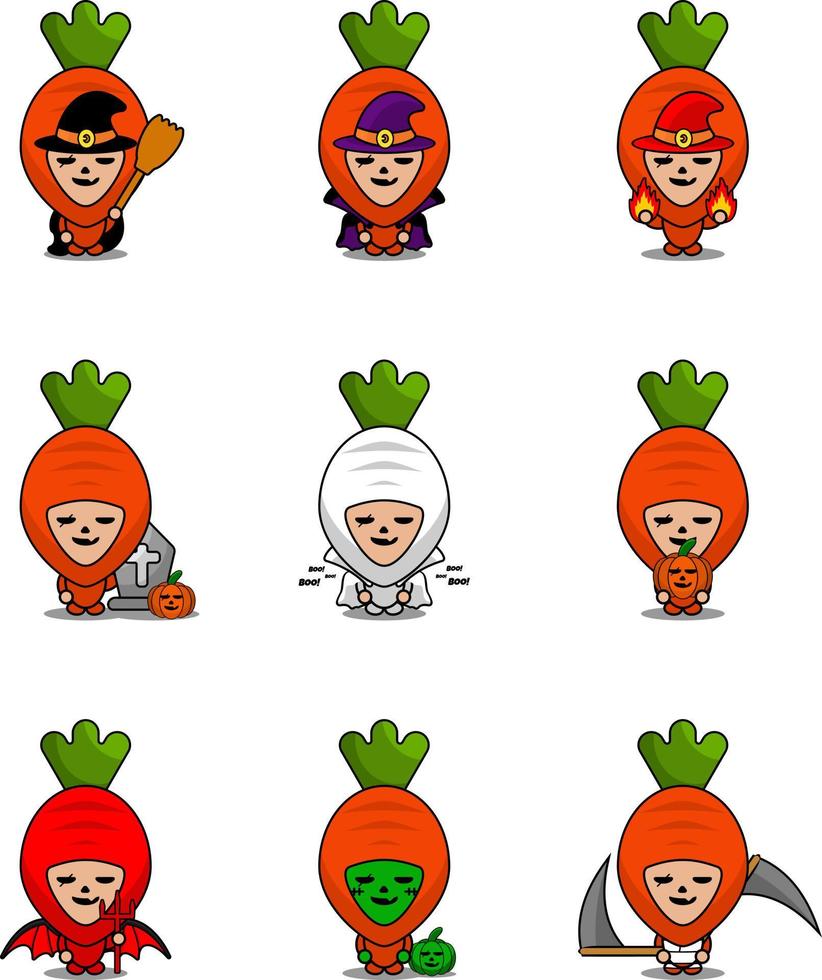 vecteur de dessin animé personnage légume carotte mascotte costume halloween bundle ensemble
