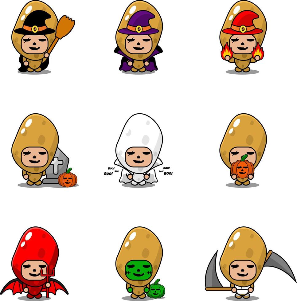 vecteur de dessin animé personnage légume pomme de terre mascotte costume halloween bundle ensemble