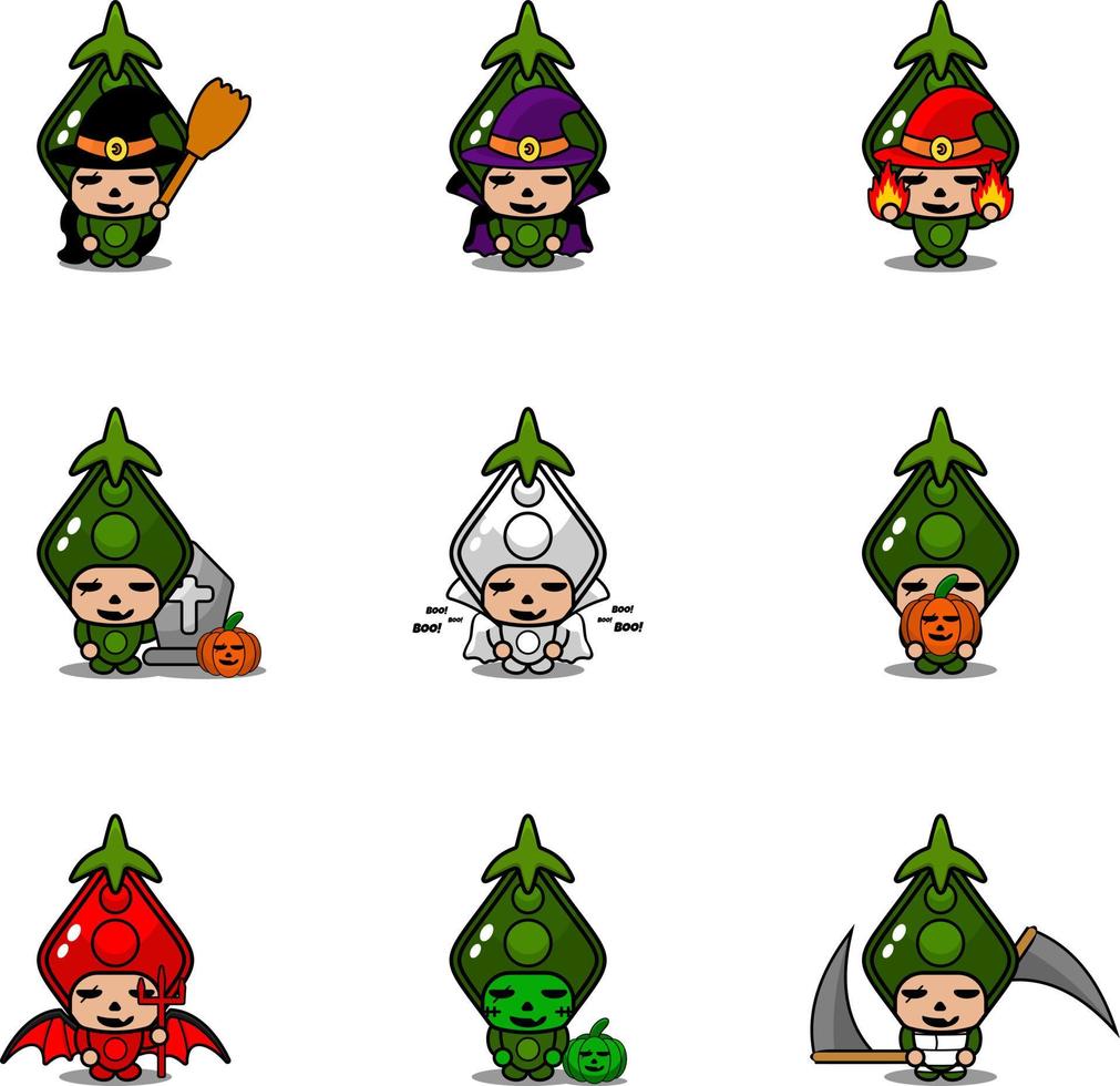 Ensemble de costumes d'halloween de mascotte de pois de légumes de personnage de dessin animé de vecteur