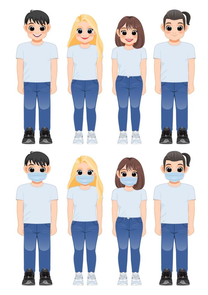 personnage de dessin animé fille et garçon en chemise blanche et jeans bleu souriant. jeunes portant un masque médical debout ensemble, après l'éclosion du virus corona style de vie illustration vectorielle vecteur