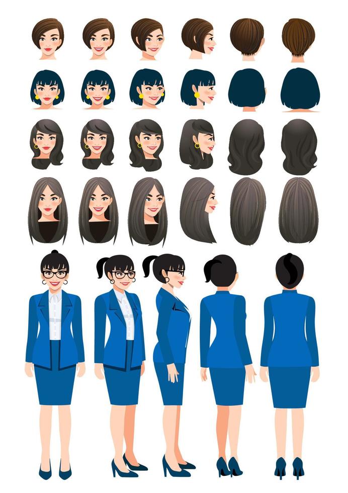 personnage de dessin animé de femme d'affaires en costume de couleur bleu marine vif et coiffure différente pour la collection de vecteurs de conception d'animation vecteur