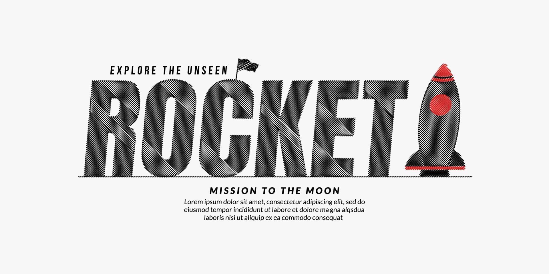 arrière-plan de conception de texte de gribouillage de fusée, concept de typographie de lettrage de fusée avec vaisseau spatial, mission d'exploration de l'espace vecteur