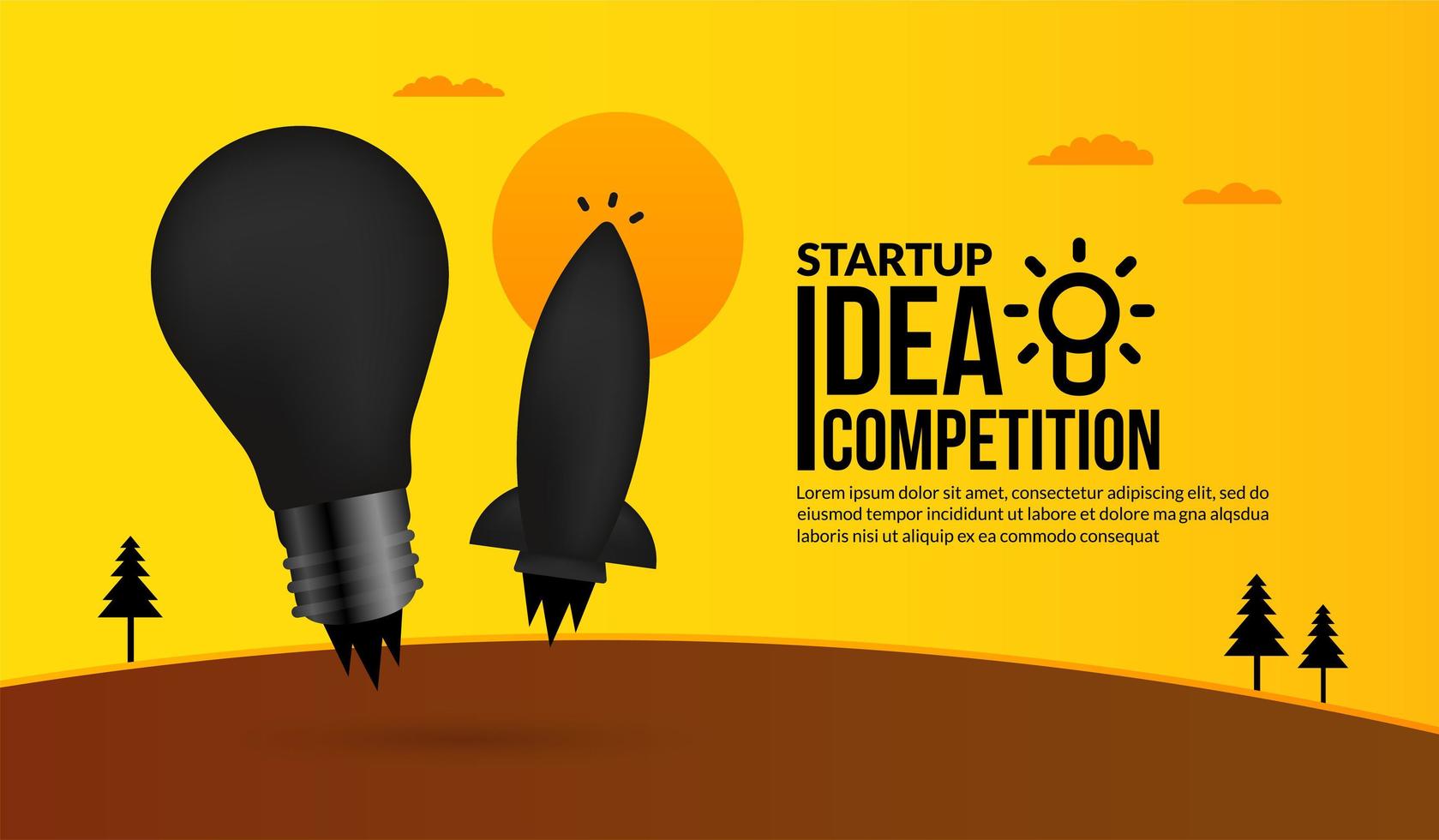lancement de fusée avec ampoule sur fond jaune, concept de concours d'idées de démarrage d'entreprise vecteur