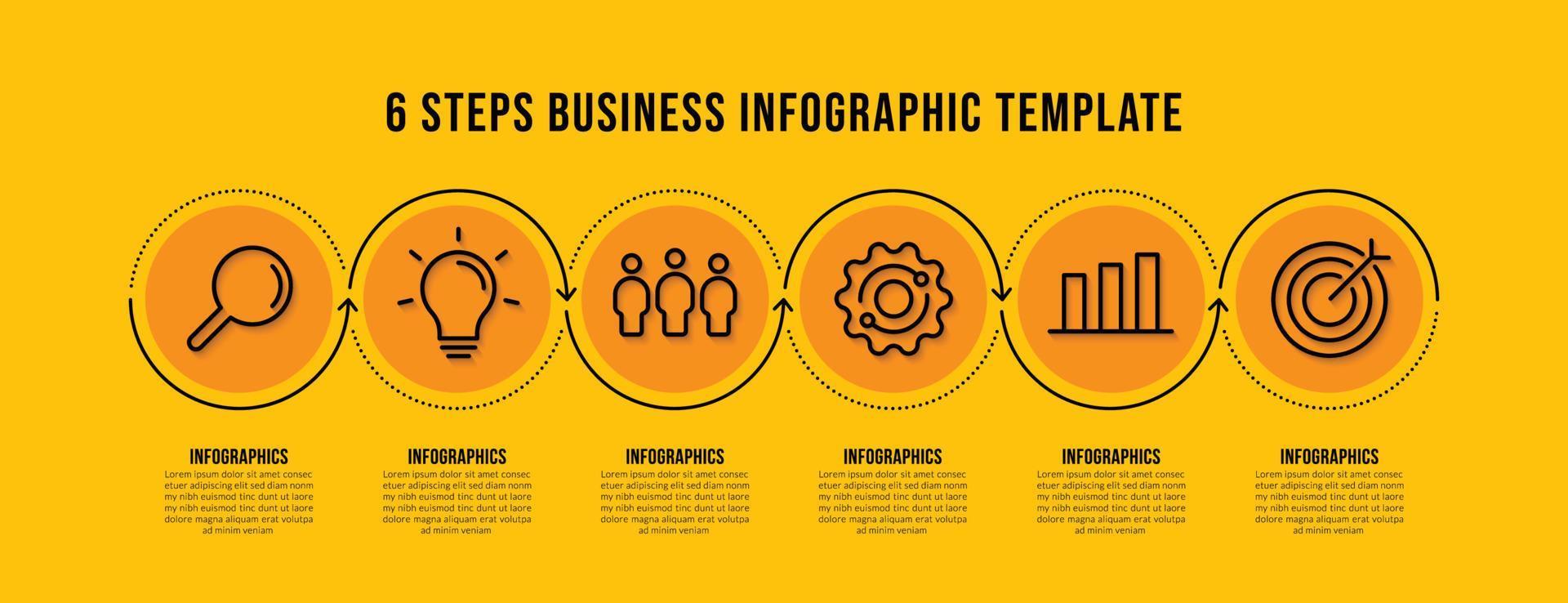 conception de modèle d'infographie de flux de travail avec 6 options sur fond jaune, concept de visualisation de données d'entreprise vecteur