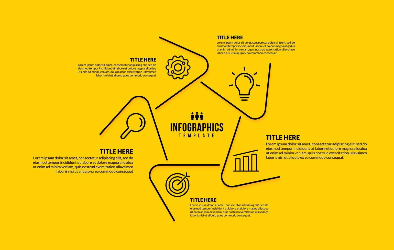 conception de modèle d'infographie de flux de travail d'entreprise avec 5 options, concept de visualisation de données de chronologie d'entreprise, conception d'icônes de ligne mince sur fond jaune vecteur