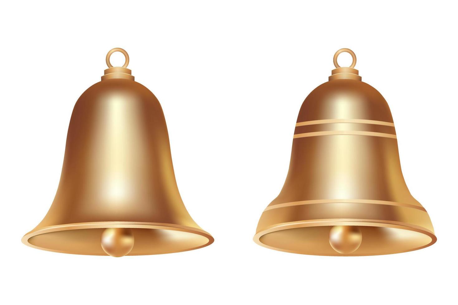 Deux cloches de noël dorées réalistes volumétriques isolées sur fond blanc vecteur