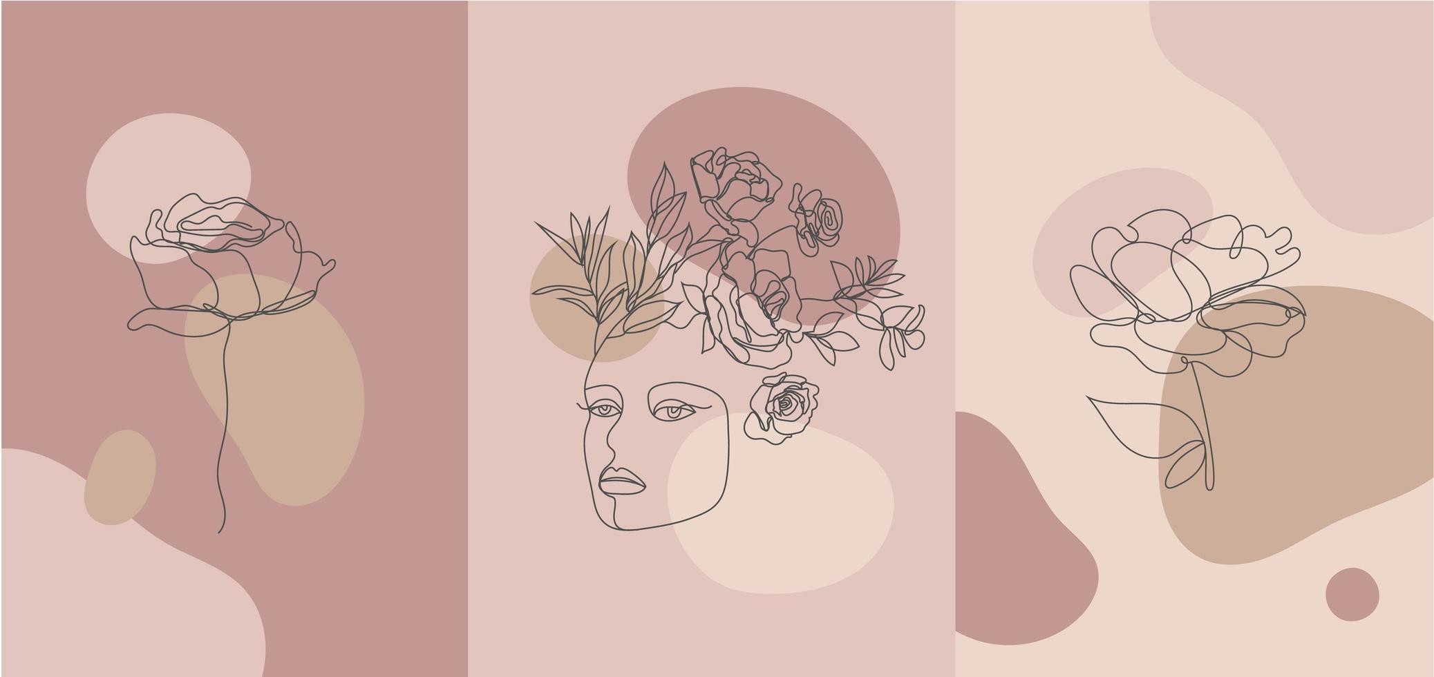 portrait de style minimaliste de vecteur. fleur en ligne continue, portrait de femme végétale. imprimé féminin abstrait dessiné à la main. utiliser pour les histoires de réseaux sociaux, les logos de beauté, l'illustration d'affiche, la carte, l'impression de t-shirt. vecteur