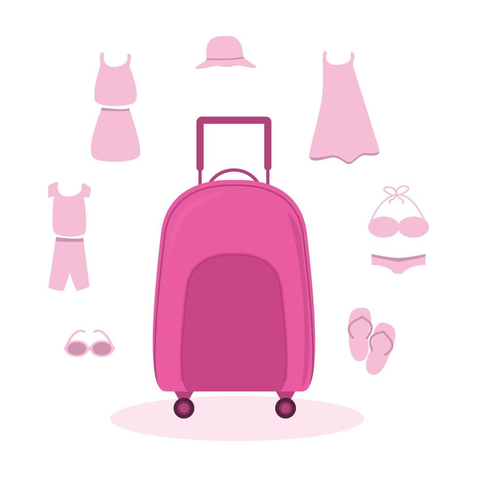 valise rose vif sur roues, choses pour voyager. illustration vectorielle. vecteur