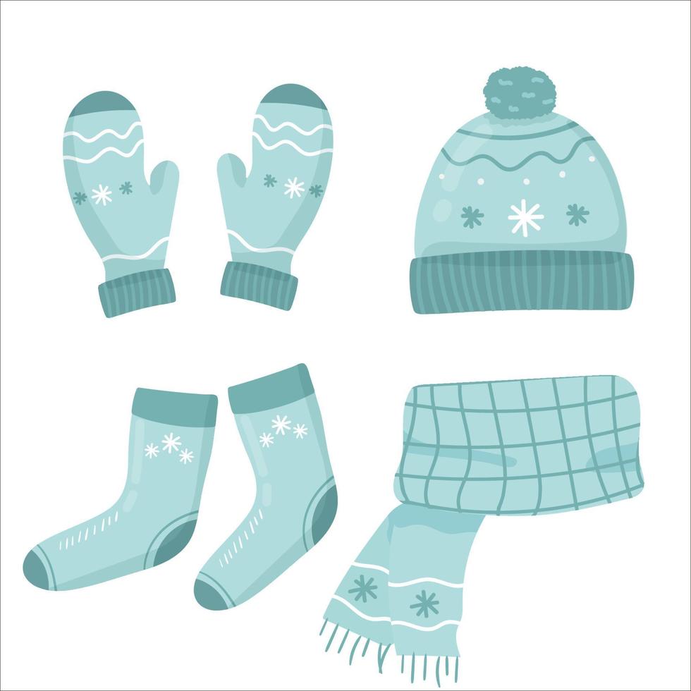 ensemble d'écharpe tricotée bleue, bonnet et chaussettes mitaines sur blanc. ensemble de vêtements d'hiver. illustration vectorielle. appartement vecteur