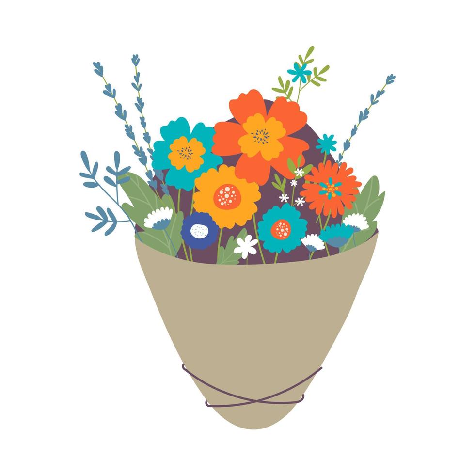 bouquet de fleurs isolé sur fond. belles fleurs, brindilles, feuilles. cadeau pour mariage, concept de vacances. design plat de vecteur. dessin animé doodle coule vecteur