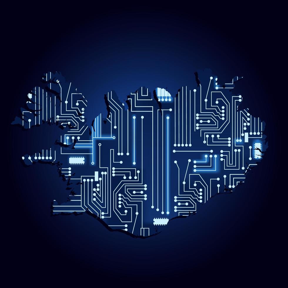 carte de l'islande avec circuit électronique. carte de contour de l'islande avec un circuit électronique technologique. vecteur