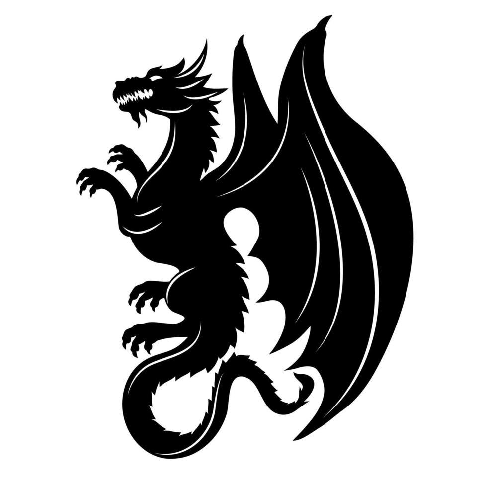 silhouette d'un dragon avec des ailes. le dragon médiéval vole. vecteur