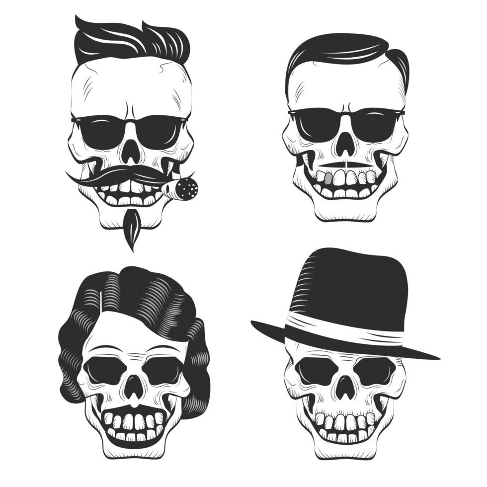 personnages de crâne rétro avec différentes coupes de cheveux, moustaches, chapeau, cigare vecteur