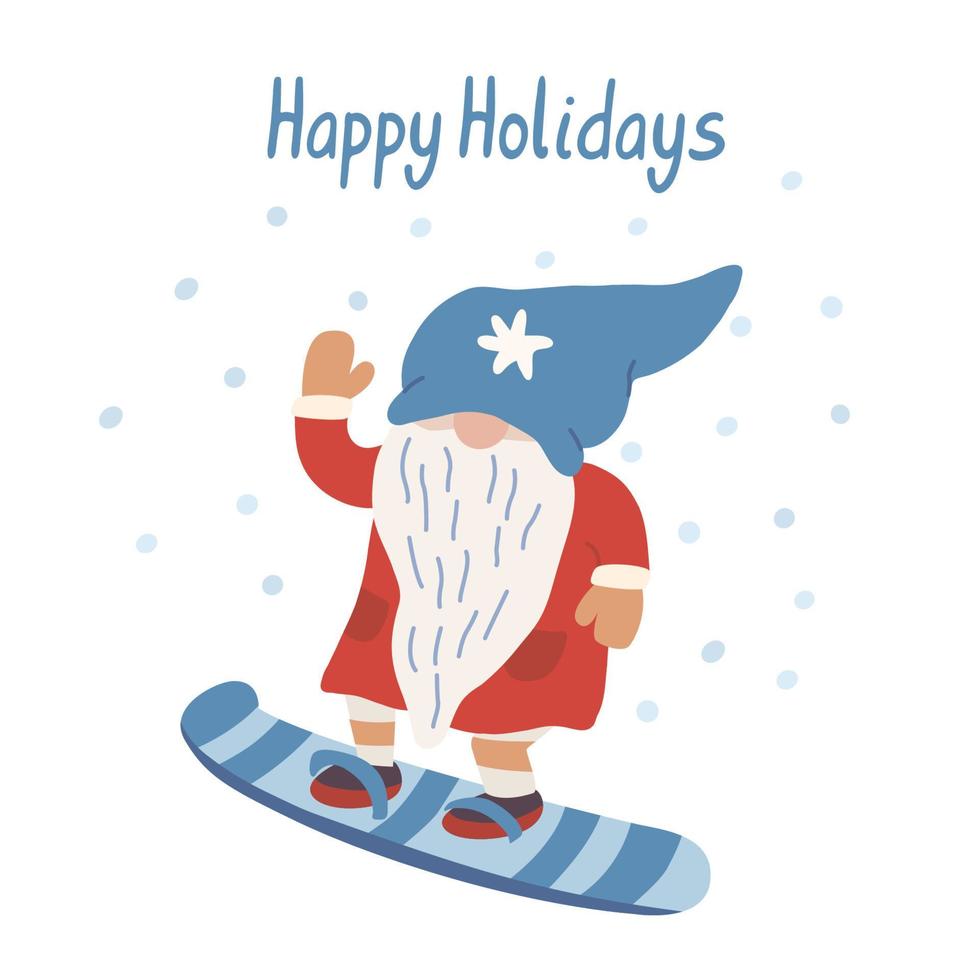 carte de voeux joyeuses fêtes avec gnome de snowboard drôle. vecteur