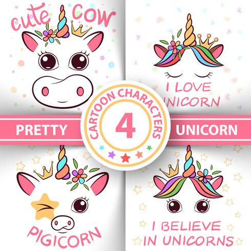 Licorne, cochon, vache, taureau - illustration de bébé. idée de t-shirt imprimé. vecteur