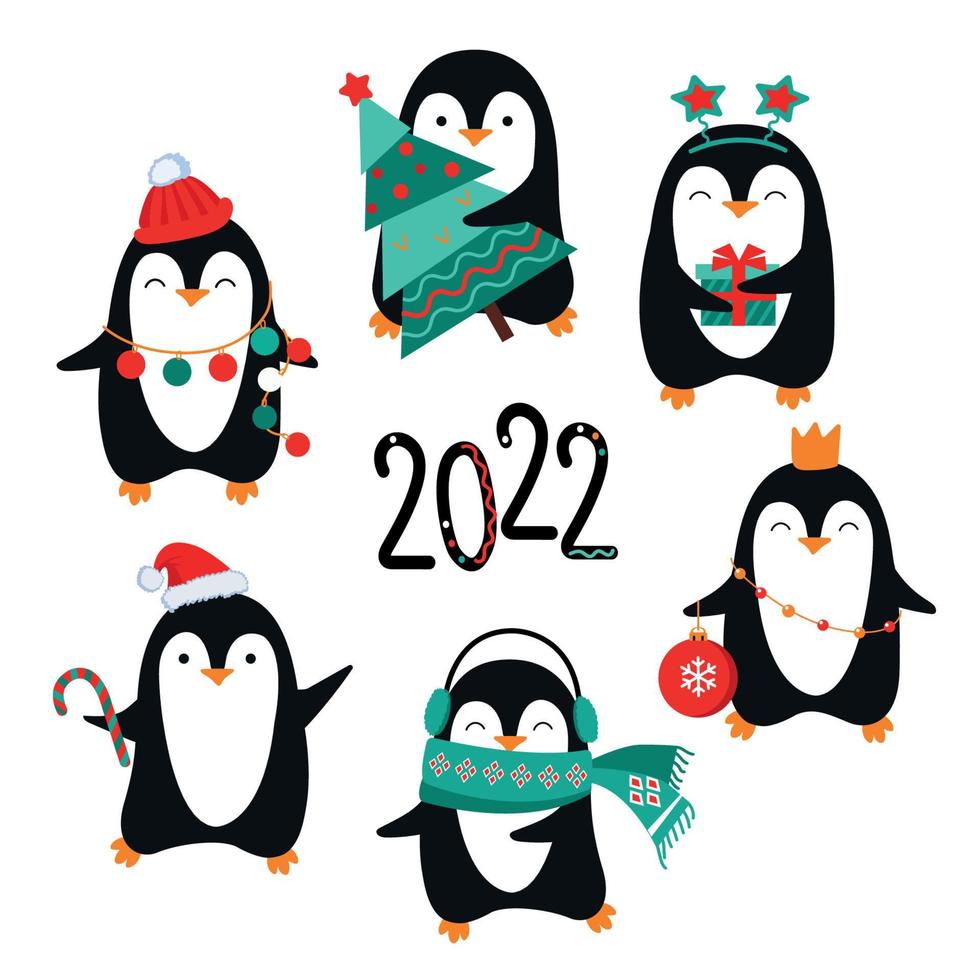 pingouins mignons 2022. pingouins de Noël sur fond blanc. vecteur