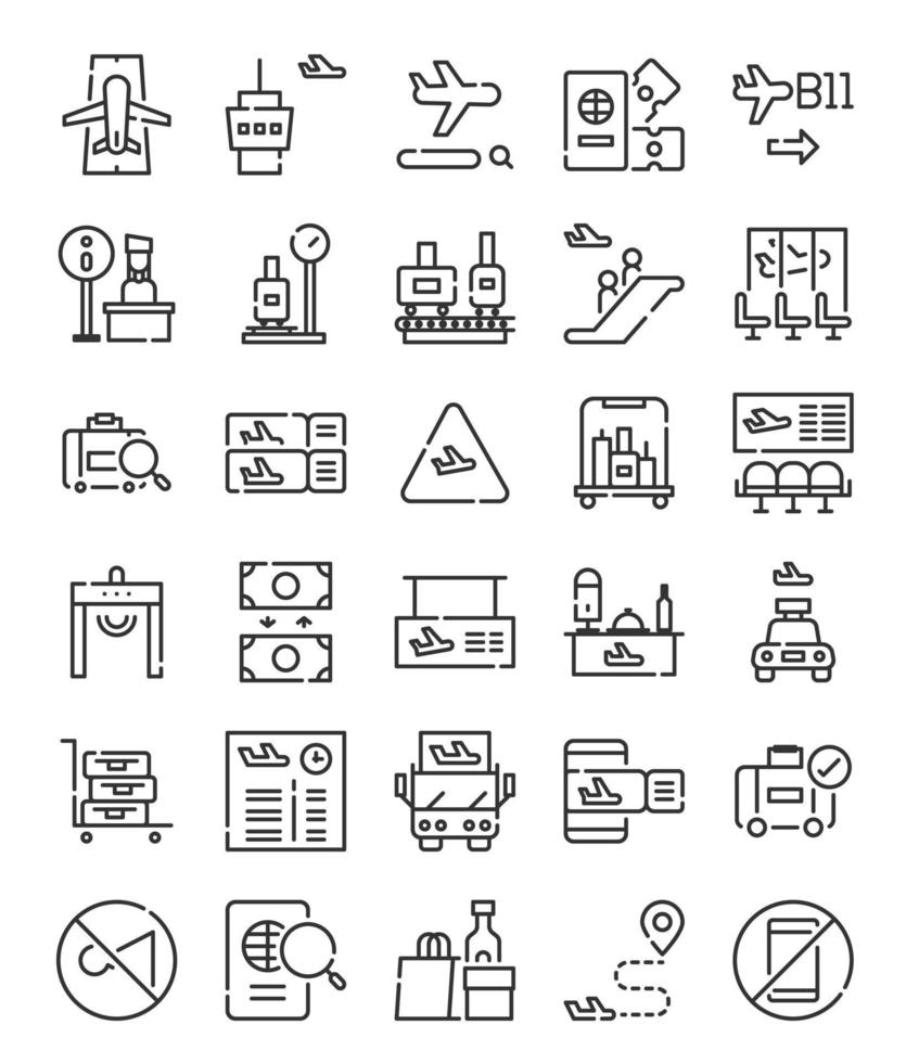 ensemble d'icônes d'aéroport de ligne simple vecteur