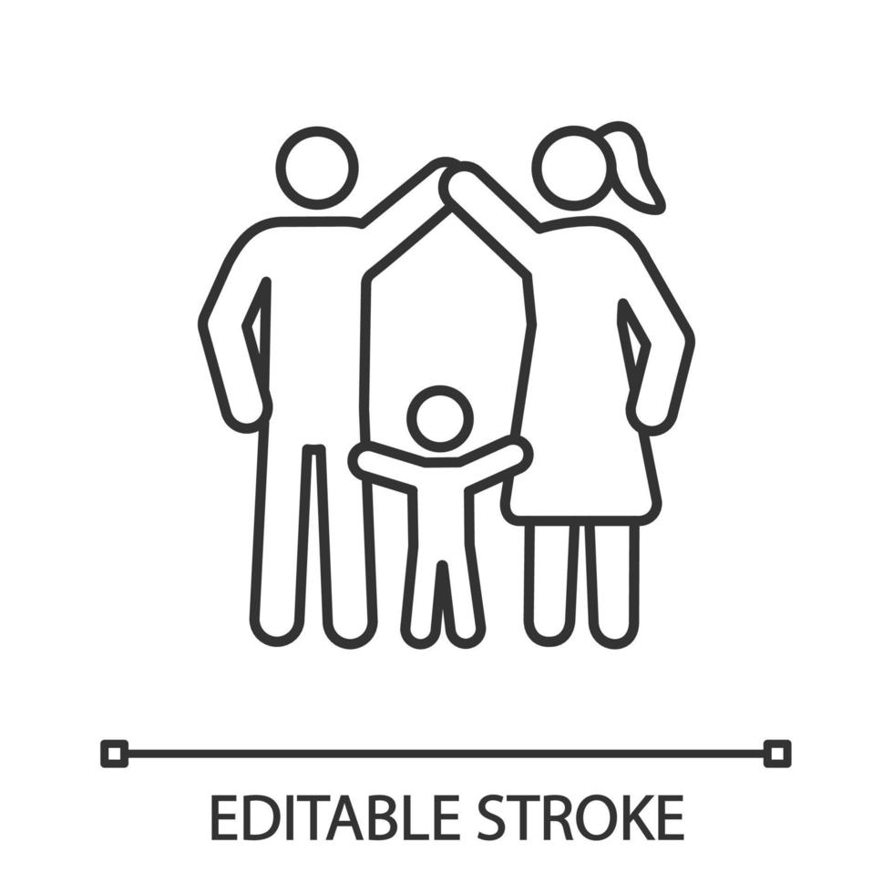 icône linéaire de protection de l'enfance. illustration de la ligne mince. famille. parentalité positive. garde d'enfants. bonne parentalité. père, mère, enfant en bas âge. symbole de contour. dessin de contour isolé de vecteur. trait modifiable vecteur