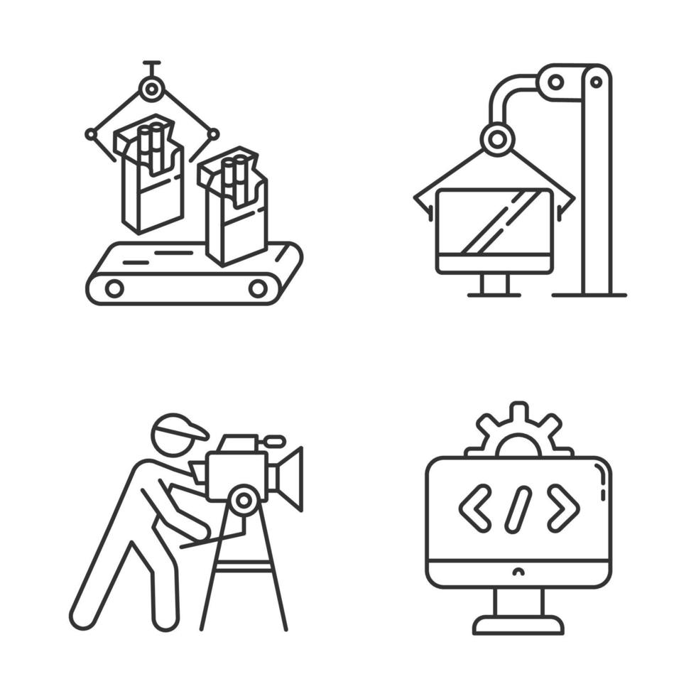 ensemble d'icônes linéaires de types d'industrie. tabac, informatique, production cinématographique, il secteurs de l'économie. symboles de contour de ligne mince. illustrations de contour de vecteur isolé. trait modifiable